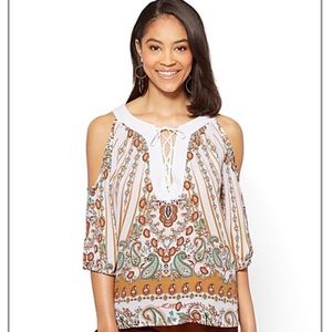 New York & Company cold shoulder tie up blouse